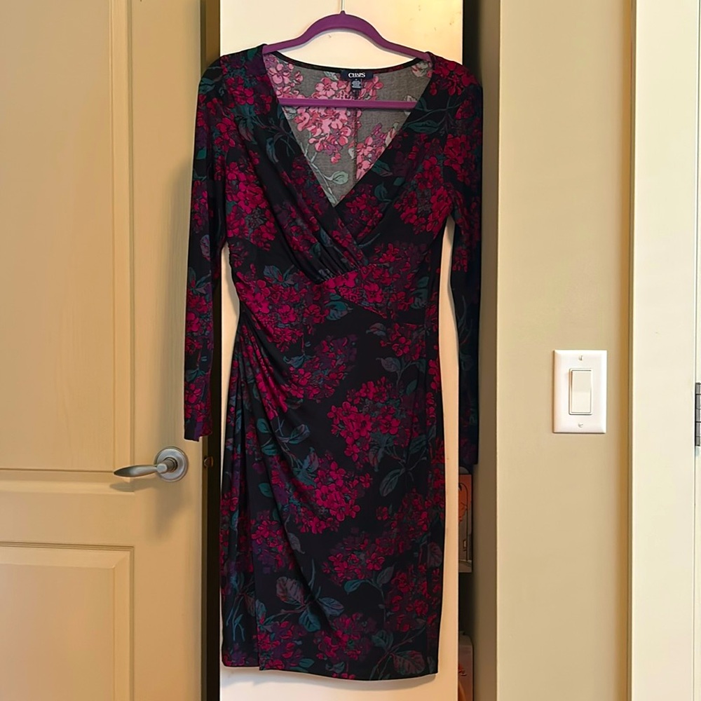 Chaps Ralph Lauren Ruched Black and Pink Bodycon Dress V-Neck Long Sleeve